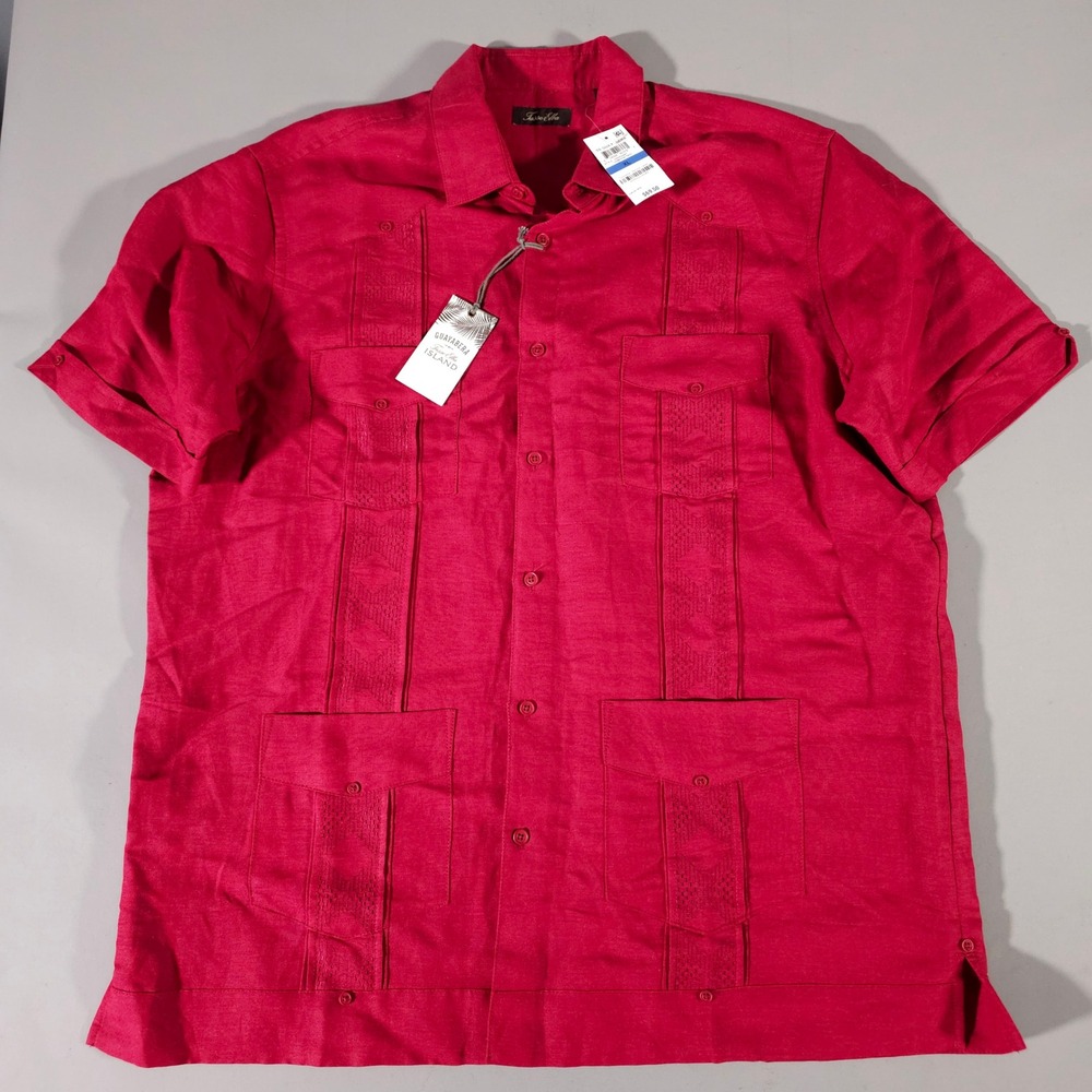 Tasso Elba Guayabera Shirt Mens XL Crimson Red Short Sleeve Ramie Rayon Blend